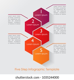 Five step geometric infographic in bright colors and space for text. Vector illustration of a hexagon style business and finance information layout template.