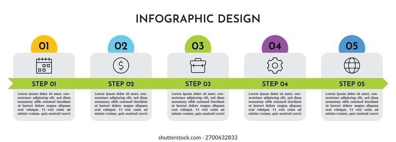 Diseño de línea de tiempo de infografías de cinta de flecha Horizontal de cinco pasos con secciones coloridas e iconos de línea, diseño de Vector Abstractas de procesos comerciales modernos