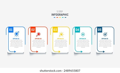 Plantilla de elementos de diseño Infográfico de cinco pasos para presentación. ilustración gráfica de información. diagrama de proceso y paso de presentaciones, Anuncio, diagrama de flujo, Plantilla de 5 opciones.