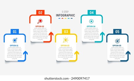 Plantilla de elementos de diseño Infográfico de cinco pasos para presentación. ilustración gráfica de información. diagrama de proceso y paso de presentaciones, Anuncio, diagrama de flujo, Plantilla de 5 opciones.