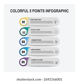 Infográfico de cinco etapas com emblemas numerados circulares, fitas arredondadas e ícones sutis. Ideal para relatórios de negócios, apresentações e materiais educacionais.