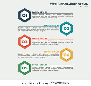 five step infographic template with hexagons and text. business process flowchart