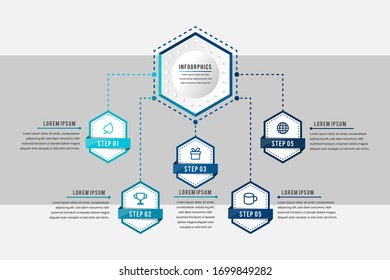 five step minimal infographic templates, diagrams and charts. Circular and polygonal elements with linear icons. Vector illustration for presentation, report, website, brochure. blue Hexagon shape