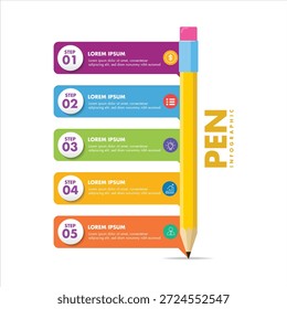 Five Step Pencil Infographic Template with Colorful Data Visualization Elements and Flat Design Icons