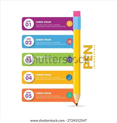 Five Step Pencil Infographic Template with Colorful Data Visualization Elements and Flat Design Icons