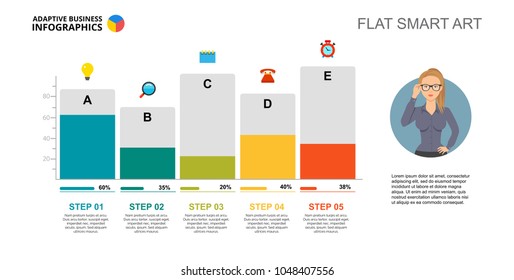 Five step percentage chart. Bar diagram, editable template. Creative concept for infographics, presentation, project, report. Can be used for topics like business, marketing, analysis