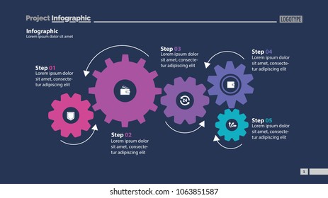 Five step process chart with cogwheel design. Element of chart, diagram, slide templates. Concept for inforgraphic, annual report, presentation. Can be used for topics like business, finance, banking