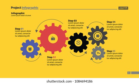 Five step process chart with cogwheel design. Element of chart, diagram, slide templates. Concept for inforgraphic, annual report, presentation. Can be used for topics like business, finance, banking