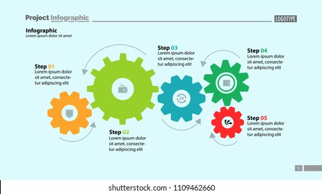 Five step process chart with cogwheel design. Element of chart, diagram, slide templates. Concept for inforgraphic, annual report, presentation. Can be used for topics like business, finance, banking