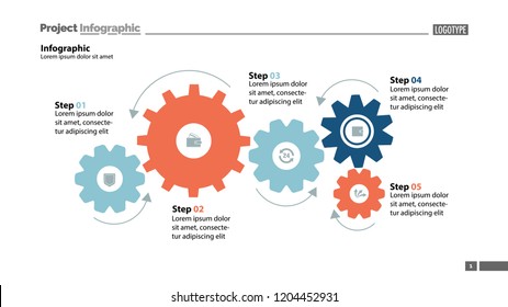 Five step process chart with cogwheel design. Element of chart, diagram, slide templates. Concept for inforgraphic, annual report, presentation. Can be used for topics like business, finance, banking