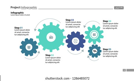 Five step process chart with cogwheel design. Element of chart, diagram, slide templates. Concept for inforgraphic, annual report, presentation. Can be used for topics like business, finance, banking