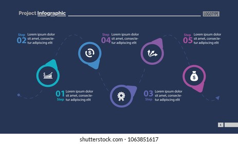 Five step process chart slide template. Business data. Diagram, chart, design. Creative concept for infographics, report, presentation. Can be used for topics like management, strategy, workflow.