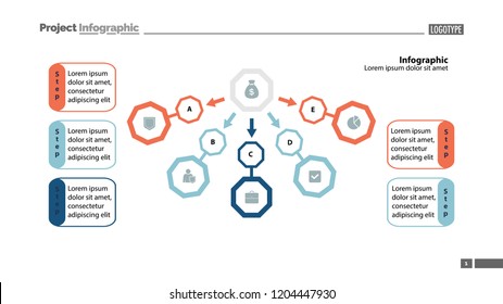 Five step process chart slide template design. Element of chart, diagram, infographic. Concept for presentation, annual report, slide template. Can be used for topics like banking, finance, money