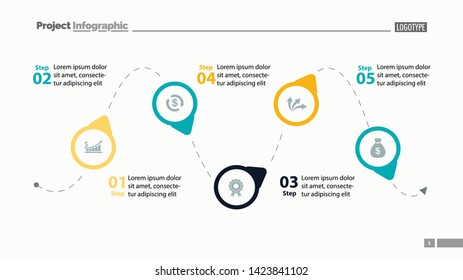 Five step process chart slide template. Business data. Diagram, chart, design. Creative concept for infographics, report, presentation. Can be used for topics like management, strategy, workflow.