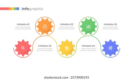 Five step process timeline infographic. Colorful gears with marketing icons. Vector illustration.