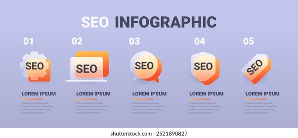 5 passos SEO otimização infográfico. Modelo de vetor de morfismo de vidro