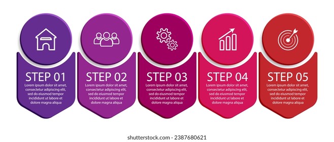 Five step, simple 3D infographic design with colorful colors, icons, text and lines. Great for your business presentations