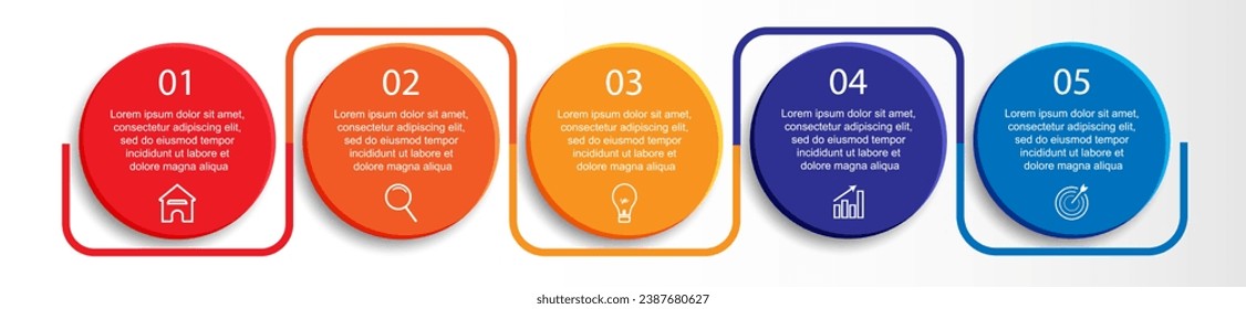 Five step, simple 3D infographic design with colorful colors, icons, text and lines. Great for your business presentations