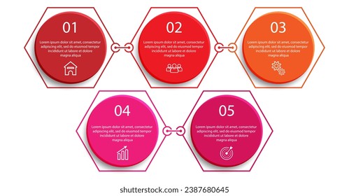 Five step, simple 3D infographic design with colorful colors, icons, text and lines. Great for your business presentations