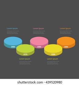 Five step Timeline horizontal 3D round colorful stage podium segment Infographic with text. Template. Dark background. Flat design style. Vector illustration