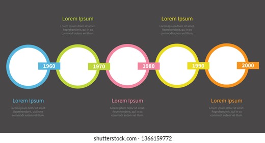 Five step Timeline Infographic. Colorful round circles and rectangle chain. Template. Black background. Isolated. Flat design. Vector illustration