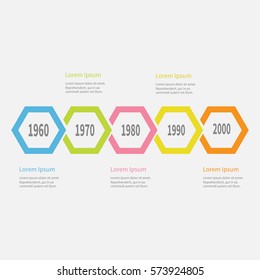 Five step Timeline Infographic. Colorful polygon line segment. Text Template. Flat design. White background. Isolated. Vector illustration