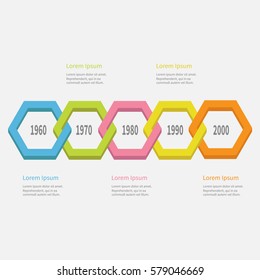 Five step Timeline Infographic. Colorful 3D polygon line chain segment. Template. Flat design. White background. Isolated. Vector illustration