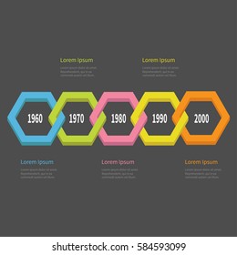 Five step Timeline Infographic. Colorful 3D polygon line chain segment. Template. Flat design. Black background. Isolated. Vector illustration
