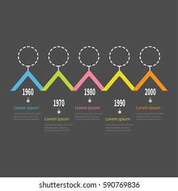 Five step Timeline Infographic. Colorful triangle corner roof shape segment. Dash line round circle.Template. Flat design. Black background. Isolated. Vector illustration