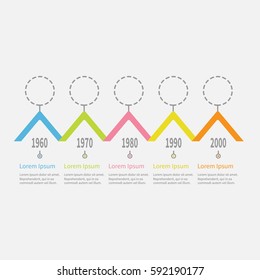 Five step Timeline Infographic. Dash line round circle. Colorful triangle corner roof shape segment. Template. Flat design. White background. Isolated. Vector illustration