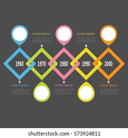 Five step Timeline Infographic. Placemark round circle. Colorful big rhombus square segment. Template. Flat design. Black background. Isolated. Vector illustration