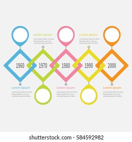 Five step Timeline Infographic. Placemark round circle. Colorful big rhombus square segment. Template. Flat design. White background. Isolated. Vector illustration