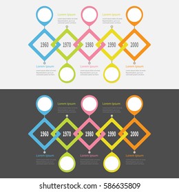 Five step Timeline Infographic set. Placemerk round circle. Colorful big rhombus square segment. Template. Flat design. Black White background. Isolated. Vector illustration