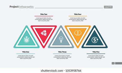 Five step triangle infographic template. Business data. Process, layout, design. Creative concept for infographic, presentation, report. For topics like marketing, workflow, analysis