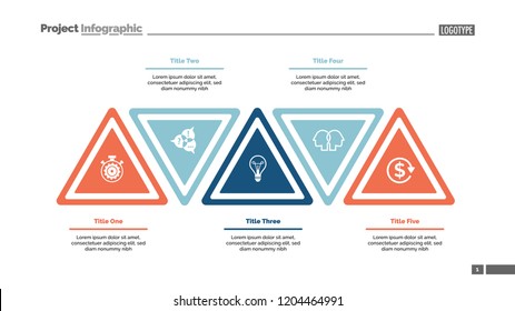 Five step triangle infographic template. Business data. Process, layout, design. Creative concept for infographic, presentation, report. For topics like marketing, workflow, analysis