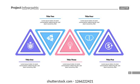 Five step triangle infographic template. Business data. Process, layout, design. Creative concept for infographic, presentation, report. For topics like marketing, workflow, analysis