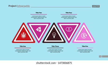 Five step triangle infographic template. Business data. Process, layout, design. Creative concept for infographic, presentation, report. For topics like marketing, workflow, analysis