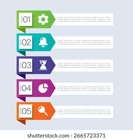 Fünf Schritte vertikale Business-Infografik-Vorlage mit Symbolen und Platz für Text. Pfeilinfografik