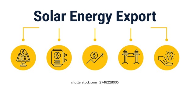 Five step workflow showing solar energy generation, inverter conversion, excess metering, export to utility grid and billing credit, outline vector icons for net metering and home power savings