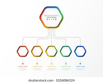 five steps 3d infographic template with hexagonal elements. business process template with options for brochure, diagram, workflow, timeline, web design