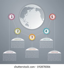 Five steps 3D infographic template with world map for timeline and path elements chart.