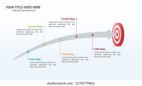 Five Steps to Achieving Goals Infographic Presentation Template with on a 16:9 Ratio with a 3D Isometric Bullseye or Target Board and Arrows for Business Goals, Business Reports, and Website Design.