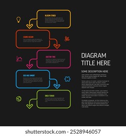 El rectángulo de contenido de cinco pasos bloquea la Plantilla de la infografía con los iconos coloridos de los bordes y la descripción del diagrama. Plantilla de infografía de progreso de proceso multipropósito sobre fondo oscuro