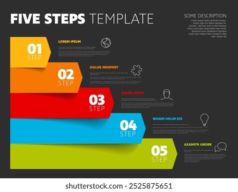 Five steps dark progress procedure infochart template with descriptions icons titles and big numbers on color arrows. Simple inographic describing some process with five steps