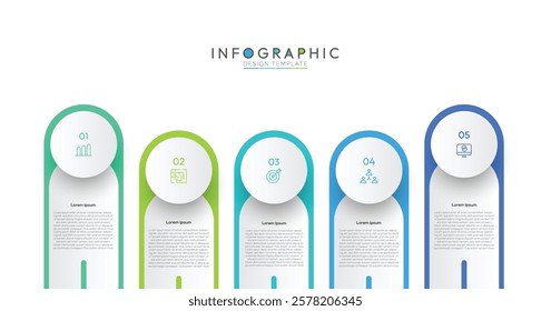 five steps infographic are arranged vertically creating a clear timeline flow from top to bottom. This layout is ideal for showcasing chronological processes or progressions. Modern infographic design