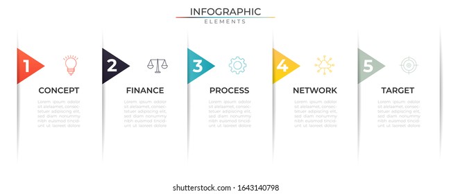 Five steps infographic design template with icons and number. Data process visualization. Vector for company and corporate business project and presentation. Eps 10