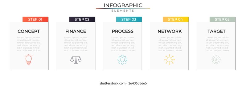 Fünf Stufen Infografik Design Vorlage mit Symbolen. Visualisierung von Datenprozessen. Vektorillustration für Firmenprojekte und Firmenpräsentationen. EPS10