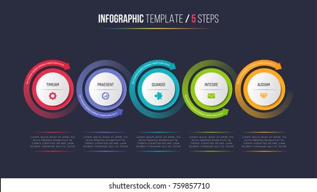 Gráfico de proceso infográfico de cinco pasos con flechas circulares. 5 opciones plantilla vectorial para presentaciones, visualización de datos, diseños, informes anuales, diseño web.