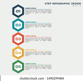 five steps infographic. process flowchart with color hexagons and text