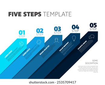 Modelo de processo infográfico de cinco etapas com ícones de números de setas diagonais grandes e descrições. Infográfico simples multiuso com cinco elementos